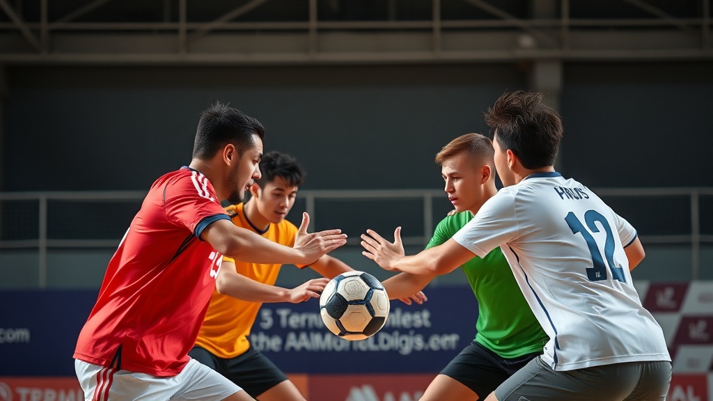 네 명의 풋살 선수가 일정한 간격을 유지하며 상대의 공격을 방어하는 수비 블록 형성 장면
