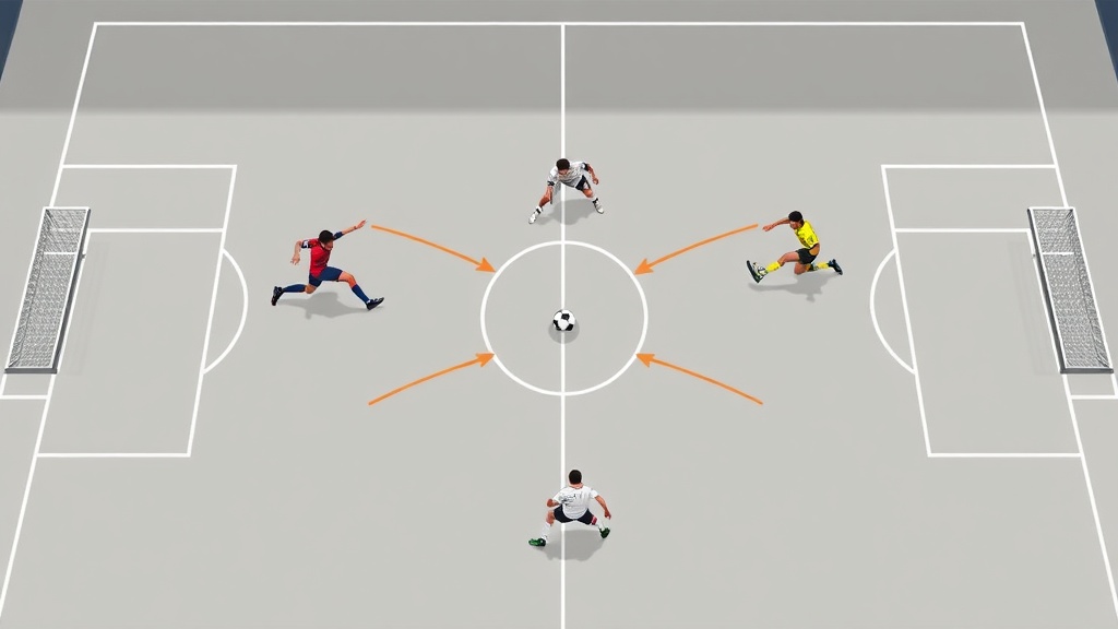 풋살 경기장 위에서 픽소, 알라, 피보가 삼각형 대형을 유지하며 유기적으로 위치를 변경하는 전술적 모습